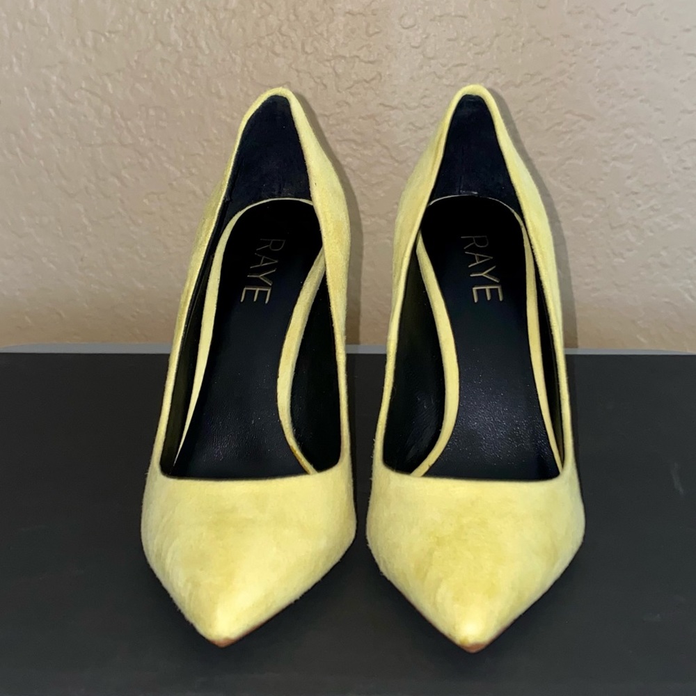 New RAYE neon yellow suede pump heels